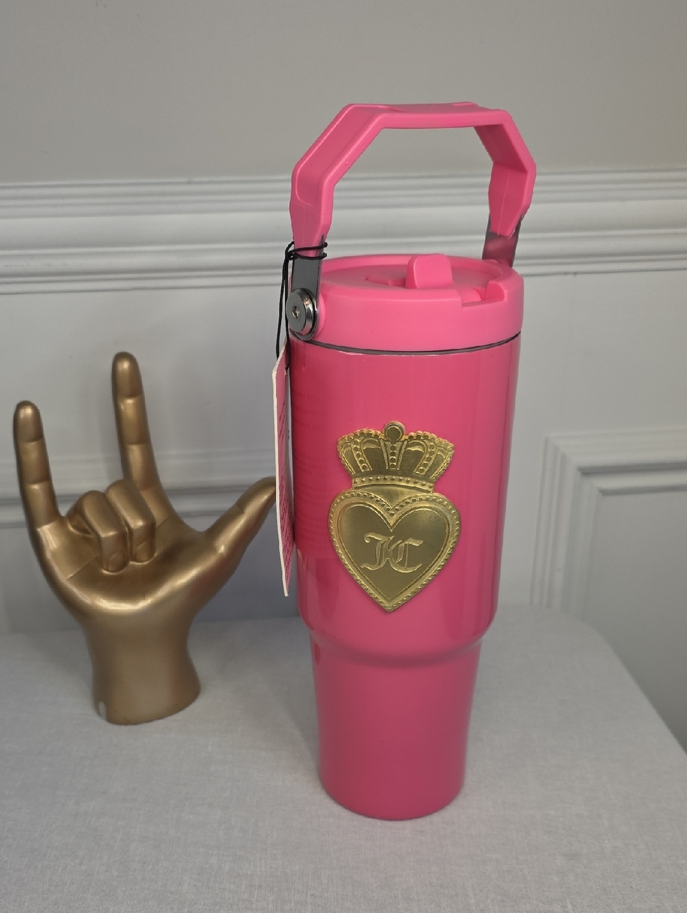 Juicy Couture Pink Travel Tumbler with Gold Emblem